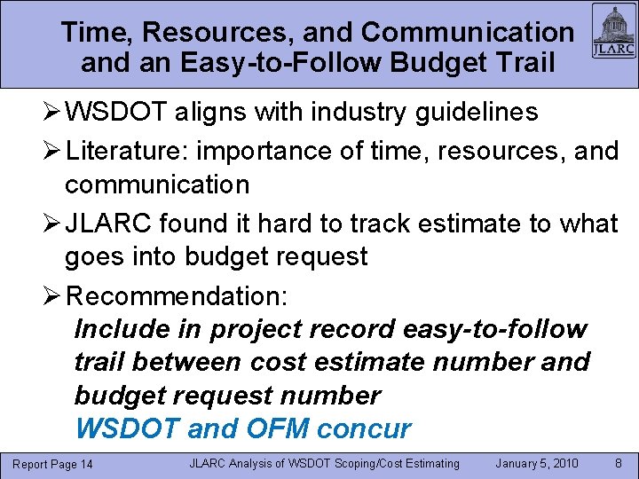 Time, Resources, and Communication and an Easy-to-Follow Budget Trail Ø WSDOT aligns with industry