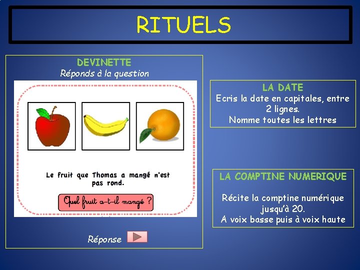 RITUELS DEVINETTE Réponds à la question LA DATE Ecris la date en capitales, entre
