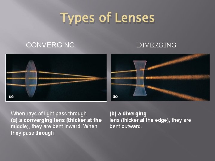 Types of Lenses CONVERGING When rays of light pass through (a) a converging lens