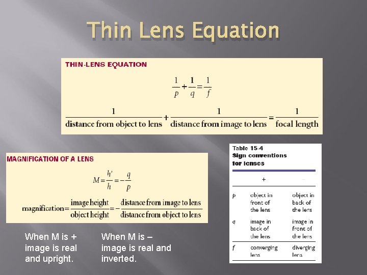 Thin Lens Equation When M is + image is real and upright. When M