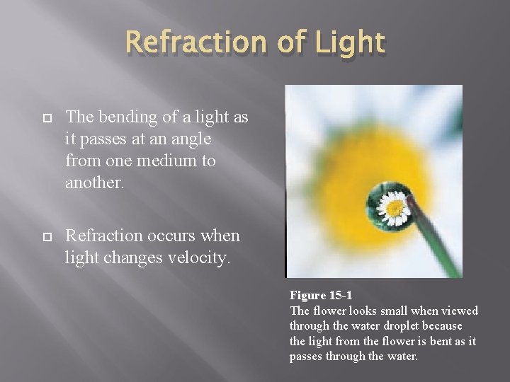 Refraction of Light The bending of a light as it passes at an angle