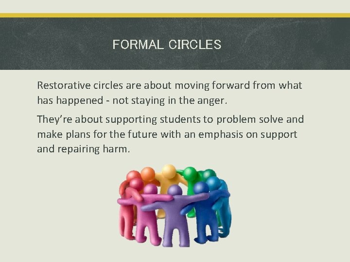 FORMAL CIRCLES Restorative circles are about moving forward from what has happened - not