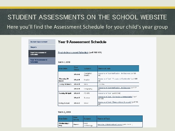 STUDENT ASSESSMENTS ON THE SCHOOL WEBSITE Here you’ll find the Assessment Schedule for your