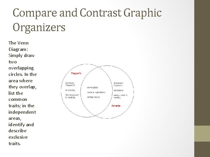 Compare and Contrast Graphic Organizers The Venn Diagram: Simply draw two overlapping circles. In