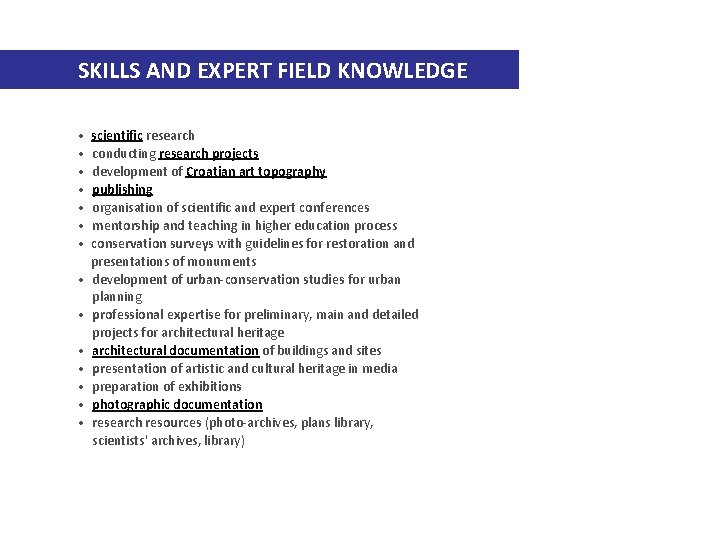 SKILLS AND EXPERT FIELD KNOWLEDGE • scientific research • conducting research projects • development
