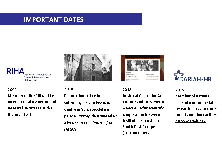 IMPORTANT DATES 2006 Member of the RIHA – the International Association of Research Institutes