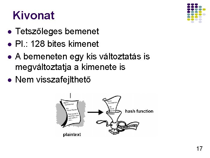 Kivonat l l Tetszőleges bemenet Pl. : 128 bites kimenet A bemeneten egy kis