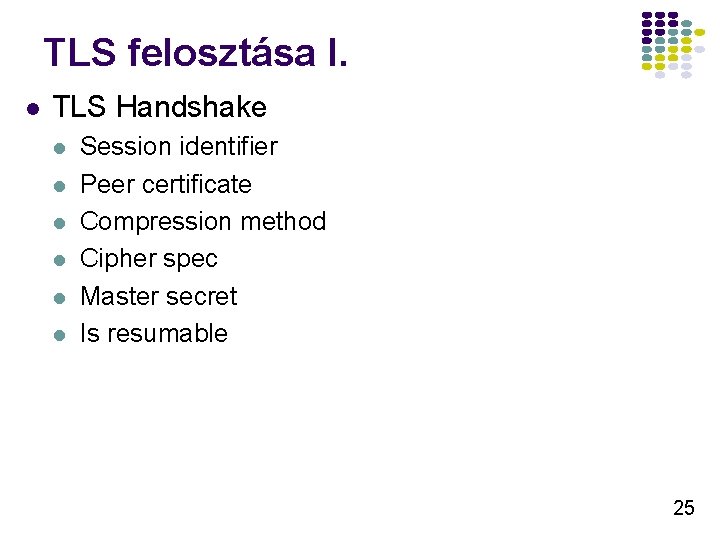TLS felosztása I. l TLS Handshake l l l Session identifier Peer certificate Compression