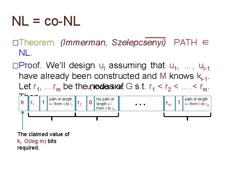 NL = co-NL �Theorem. (Immerman, Szelepcsenyi) PATH ∈ NL. �Proof. We’ll design ui assuming NL = co-NL �Theorem. (Immerman, Szelepcsenyi) PATH ∈ NL. �Proof. We’ll design ui assuming