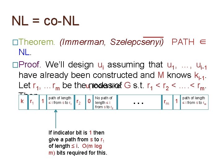 NL = co-NL �Theorem. (Immerman, Szelepcsenyi) PATH ∈ NL. �Proof. We’ll design ui assuming NL = co-NL �Theorem. (Immerman, Szelepcsenyi) PATH ∈ NL. �Proof. We’ll design ui assuming