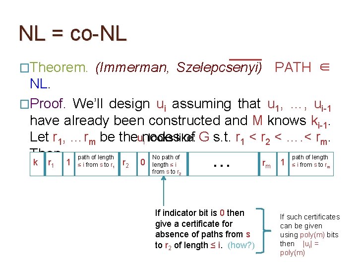 NL = co-NL �Theorem. (Immerman, Szelepcsenyi) PATH ∈ NL. �Proof. We’ll design ui assuming NL = co-NL �Theorem. (Immerman, Szelepcsenyi) PATH ∈ NL. �Proof. We’ll design ui assuming