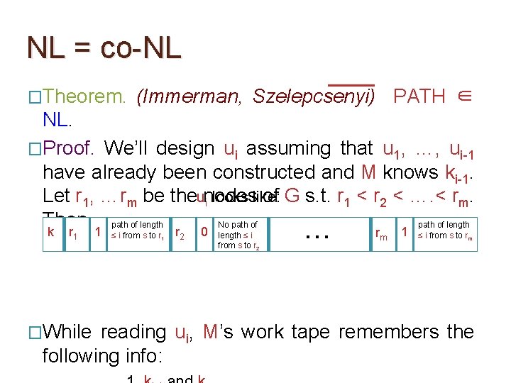 NL = co-NL �Theorem. (Immerman, Szelepcsenyi) PATH ∈ NL. �Proof. We’ll design ui assuming NL = co-NL �Theorem. (Immerman, Szelepcsenyi) PATH ∈ NL. �Proof. We’ll design ui assuming
