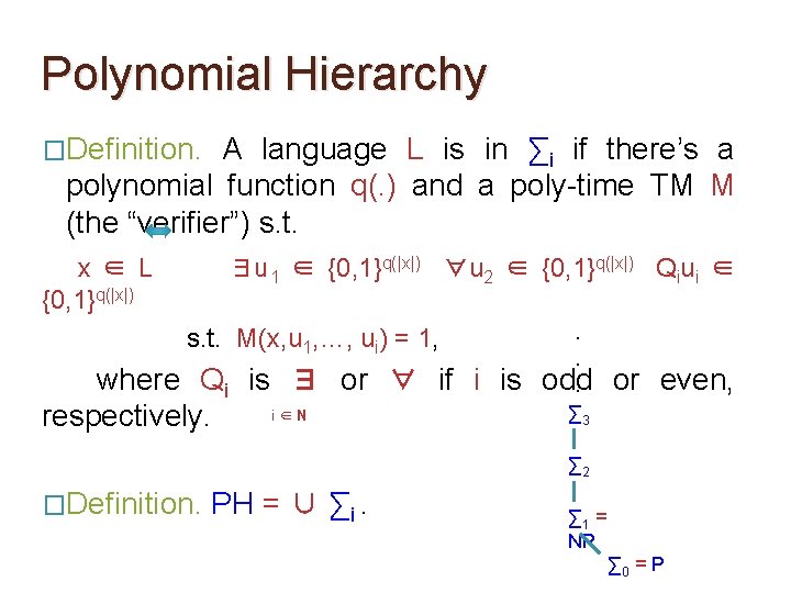 Polynomial Hierarchy �Definition. A language L is in ∑i if there’s a polynomial function Polynomial Hierarchy �Definition. A language L is in ∑i if there’s a polynomial function