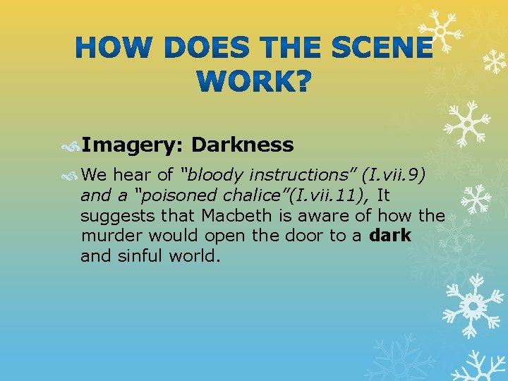  Imagery: Darkness We hear of “bloody instructions” (I. vii. 9) and a “poisoned