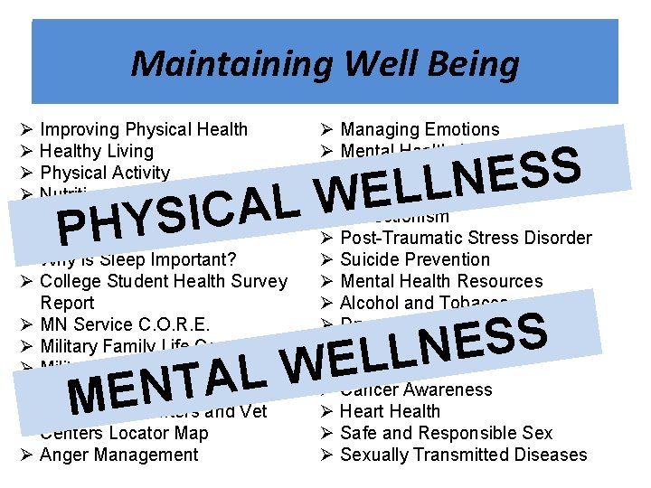 Maintaining Well Being Ø Ø Ø Ø Improving Physical Healthy Living Physical Activity Nutrition