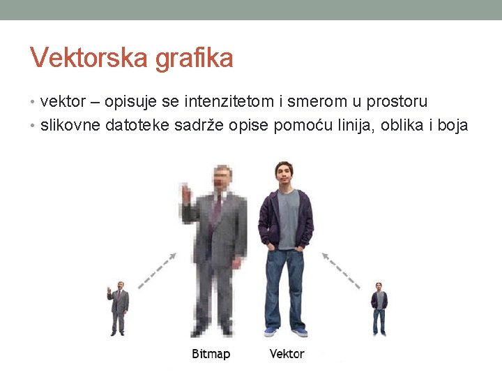 Vektorska grafika • vektor – opisuje se intenzitetom i smerom u prostoru • slikovne