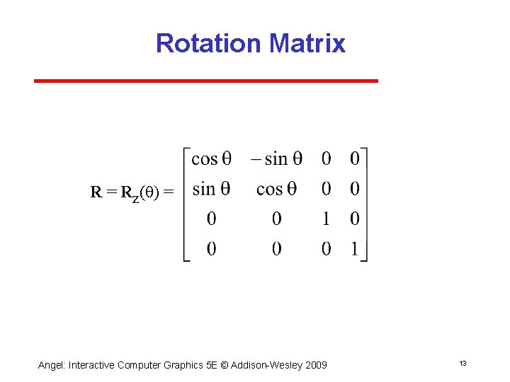 Rotation Matrix R = Rz(q) = Angel: Interactive Computer Graphics 5 E © Addison