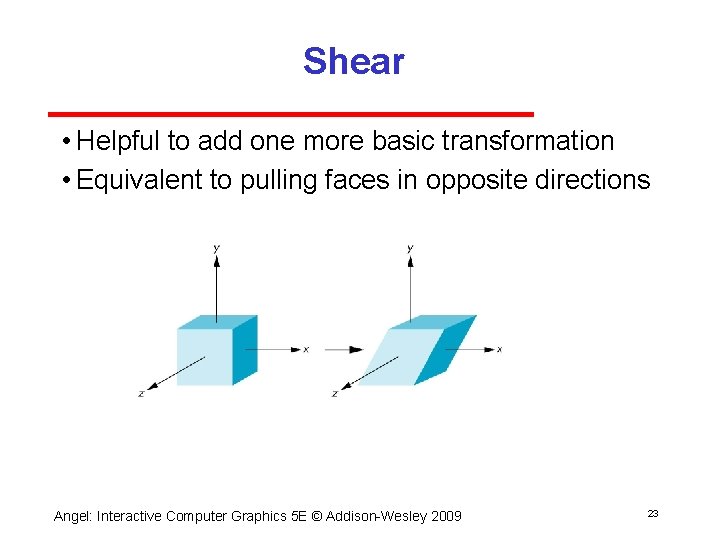 Shear • Helpful to add one more basic transformation • Equivalent to pulling faces