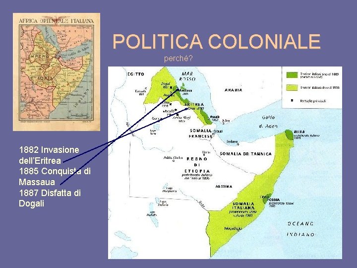 POLITICA COLONIALE perché? 1882 Invasione dell’Eritrea 1885 Conquista di Massaua 1887 Disfatta di Dogali