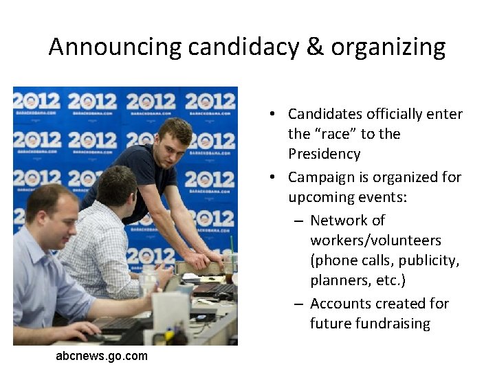 Announcing candidacy & organizing • Candidates officially enter the “race” to the Presidency •