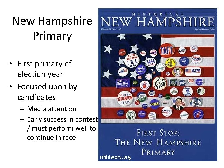 New Hampshire Primary • First primary of election year • Focused upon by candidates