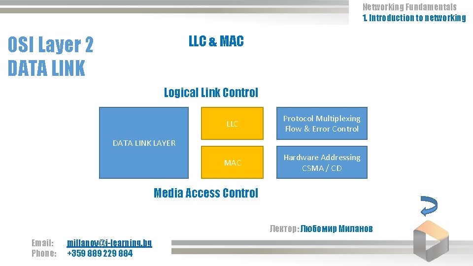 Networking Fundamentals 1. Introduction to networking OSI Layer 2 DATA LINK LLC & MAC