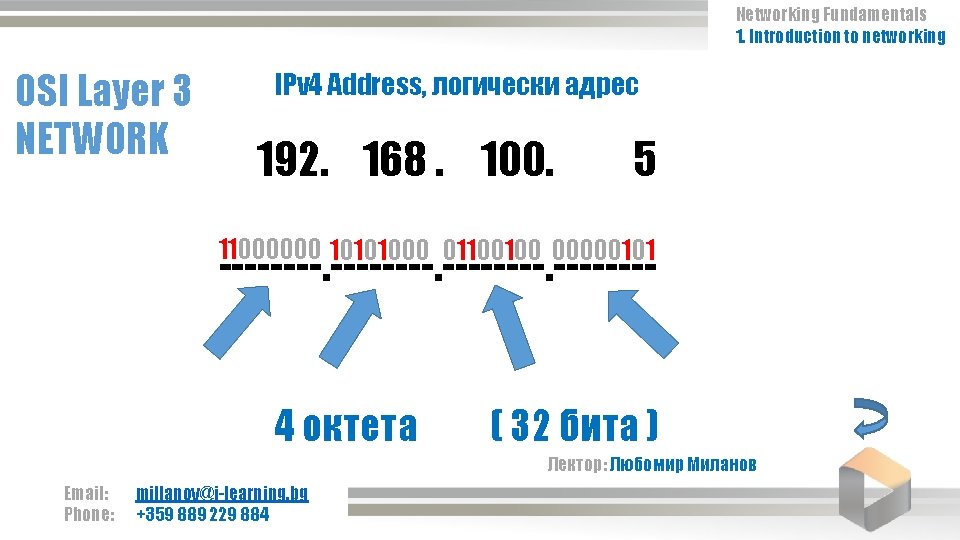 Networking Fundamentals 1. Introduction to networking OSI Layer 3 NETWORK IPv 4 Address, логически