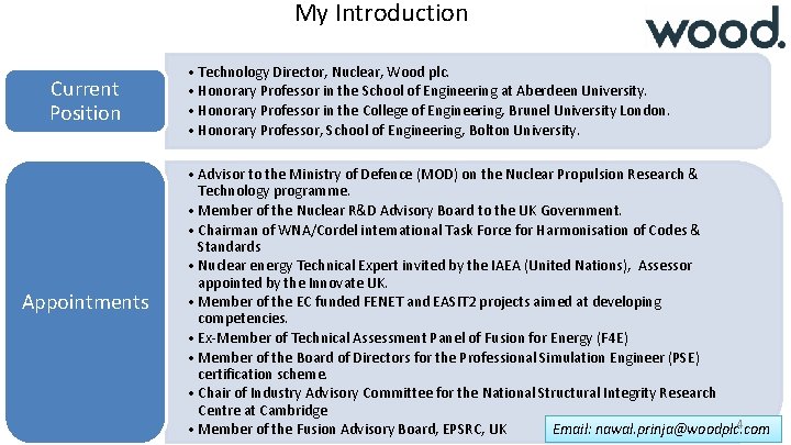 My Introduction Current Position Appointments • Technology Director, Nuclear, Wood plc. • Honorary Professor