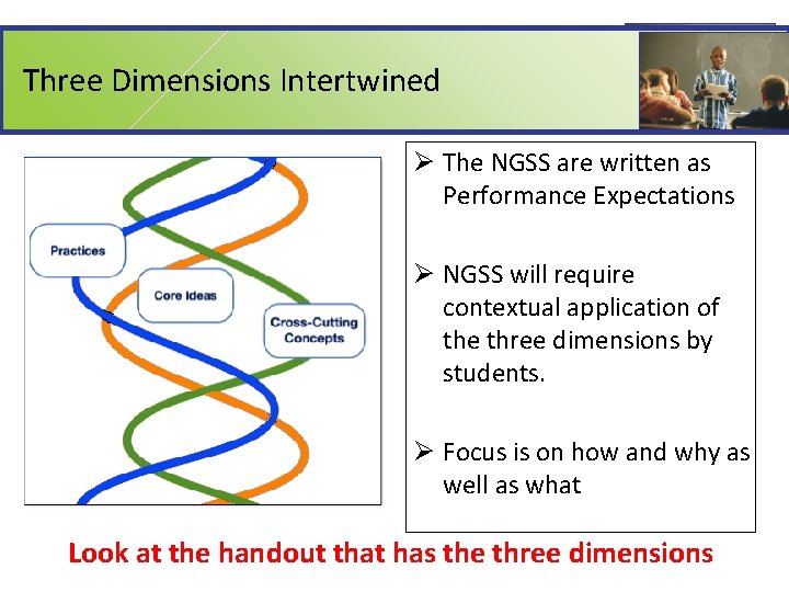Three Dimensions Intertwined Ø The NGSS are written as Performance Expectations Ø NGSS will