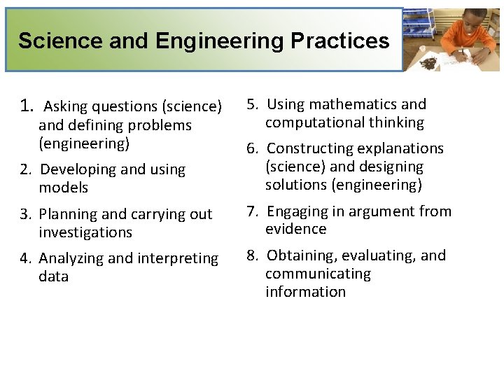 Science and Engineering Practices 1. Asking questions (science) and defining problems (engineering) 5. Using