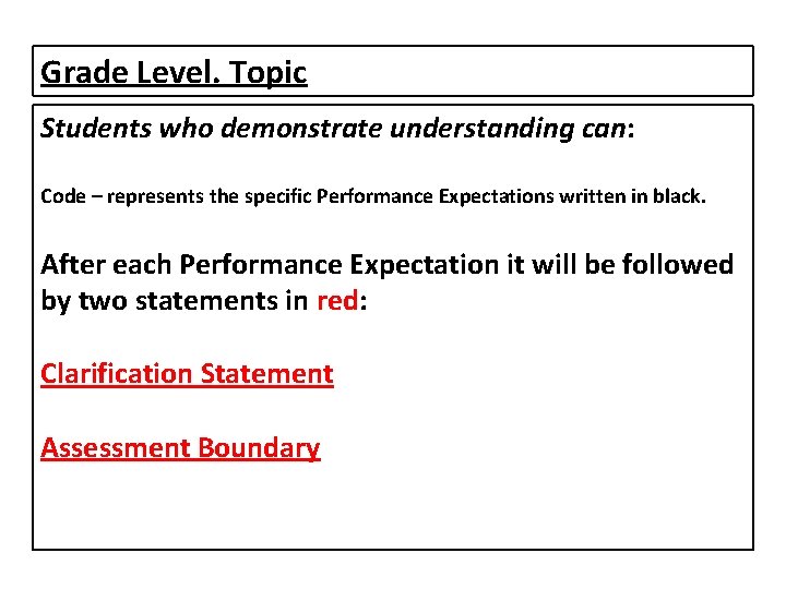 Grade Level. Topic Students who demonstrate understanding can: Code – represents the specific Performance