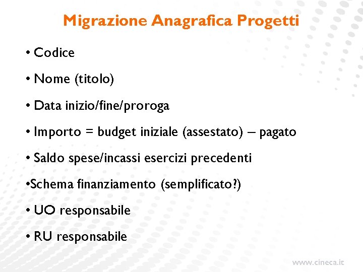 Migrazione Anagrafica Progetti • Codice • Nome (titolo) • Data inizio/fine/proroga • Importo = Migrazione Anagrafica Progetti • Codice • Nome (titolo) • Data inizio/fine/proroga • Importo =