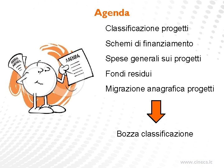 Agenda Classificazione progetti Schemi di finanziamento Spese generali sui progetti Fondi residui Migrazione anagrafica Agenda Classificazione progetti Schemi di finanziamento Spese generali sui progetti Fondi residui Migrazione anagrafica
