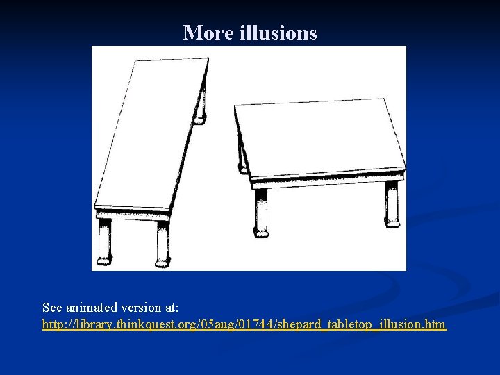 More illusions See animated version at: http: //library. thinkquest. org/05 aug/01744/shepard_tabletop_illusion. htm More illusions See animated version at: http: //library. thinkquest. org/05 aug/01744/shepard_tabletop_illusion. htm
