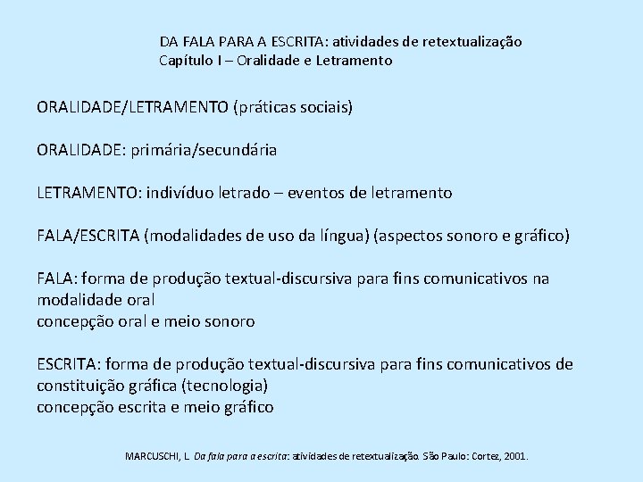 DA FALA PARA A ESCRITA: atividades de retextualização Capítulo I – Oralidade e Letramento