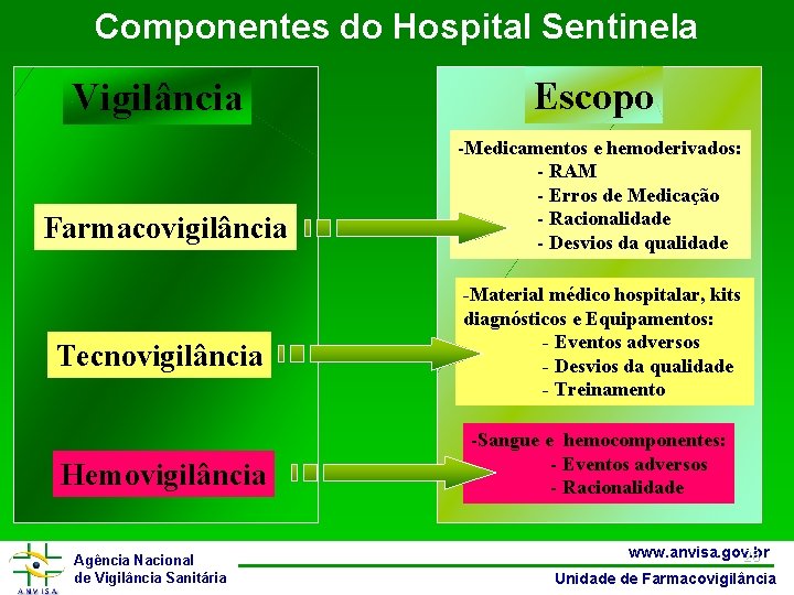 Componentes do Hospital Sentinela Vigilância Farmacovigilância Tecnovigilância Hemovigilância Agência Nacional de Vigilância Sanitária Escopo