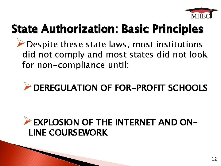 State Authorization: Basic Principles ØDespite these state laws, most institutions did not comply and