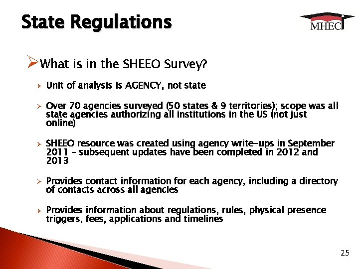 State Regulations ØWhat is in the SHEEO Survey? Ø Ø Ø Unit of analysis