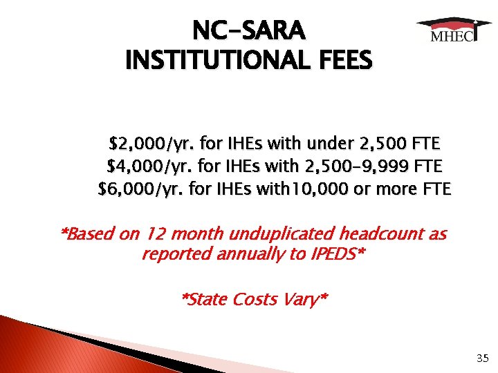 NC-SARA INSTITUTIONAL FEES $2, 000/yr. for IHEs with under 2, 500 FTE $4, 000/yr.