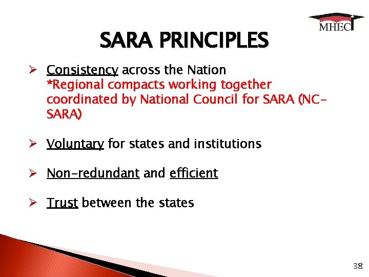 SARA PRINCIPLES Ø Consistency across the Nation *Regional compacts working together coordinated by National