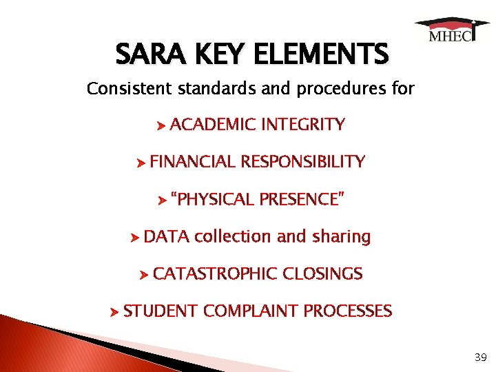 SARA KEY ELEMENTS Consistent standards and procedures for ACADEMIC INTEGRITY Ø FINANCIAL RESPONSIBILITY Ø