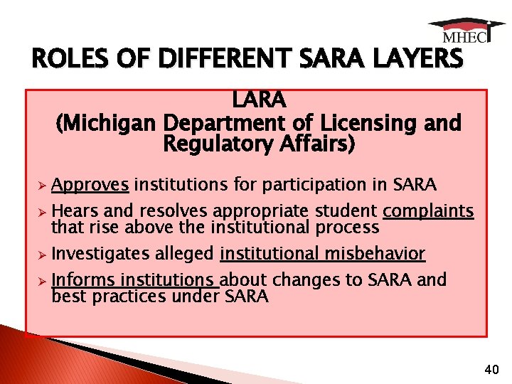 ROLES OF DIFFERENT SARA LAYERS LARA (Michigan Department of Licensing and Regulatory Affairs) Ø