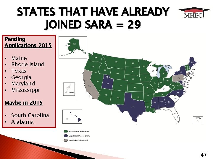 STATES THAT HAVE ALREADY JOINED SARA = 29 Pending Applications 2015 • • •