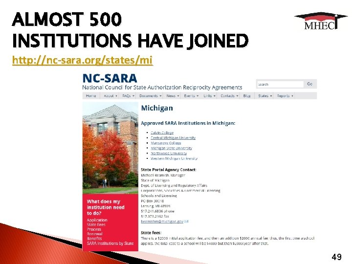 ALMOST 500 INSTITUTIONS HAVE JOINED http: //nc-sara. org/states/mi 49 