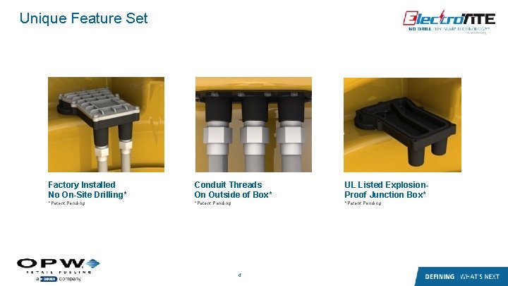 Unique Feature Set Factory Installed No On-Site Drilling* Conduit Threads On Outside of Box* Unique Feature Set Factory Installed No On-Site Drilling* Conduit Threads On Outside of Box*