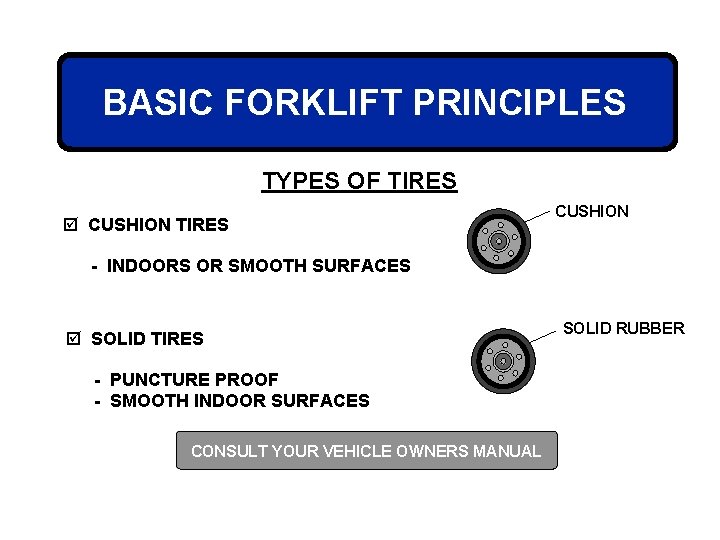 BASIC FORKLIFT PRINCIPLES TYPES OF TIRES þ CUSHION TIRES CUSHION - INDOORS OR SMOOTH