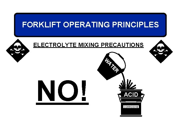 FORKLIFT OPERATING PRINCIPLES ELECTROLYTE MIXING PRECAUTIONS R TE A W NO! ACID CORROSIVE 