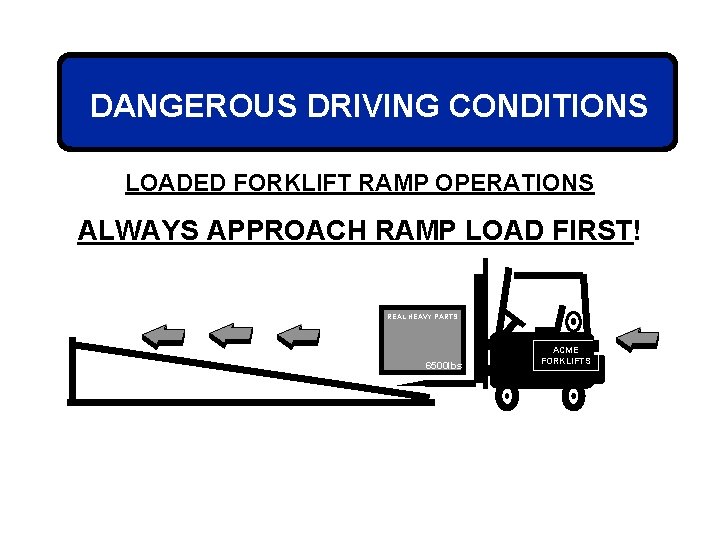 DANGEROUS DRIVING CONDITIONS LOADED FORKLIFT RAMP OPERATIONS ALWAYS APPROACH RAMP LOAD FIRST! REAL HEAVY