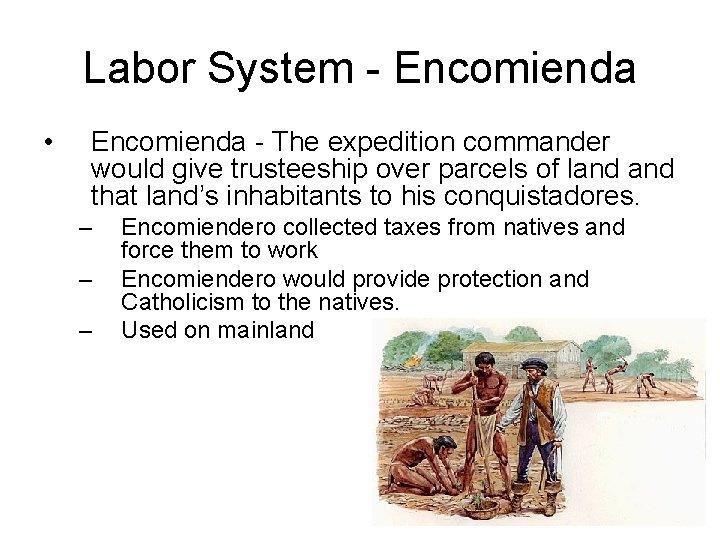 Labor System - Encomienda • Encomienda - The expedition commander would give trusteeship over