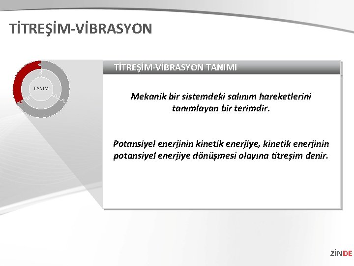 TİTREŞİM-VİBRASYON TANIMI TANIM Mekanik bir sistemdeki salınım hareketlerini tanımlayan bir terimdir. Potansiyel enerjinin kinetik